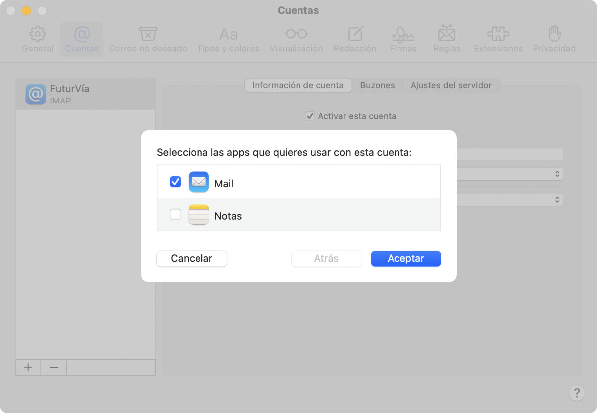 Selección de apps para la cuenta en Mail para macOS