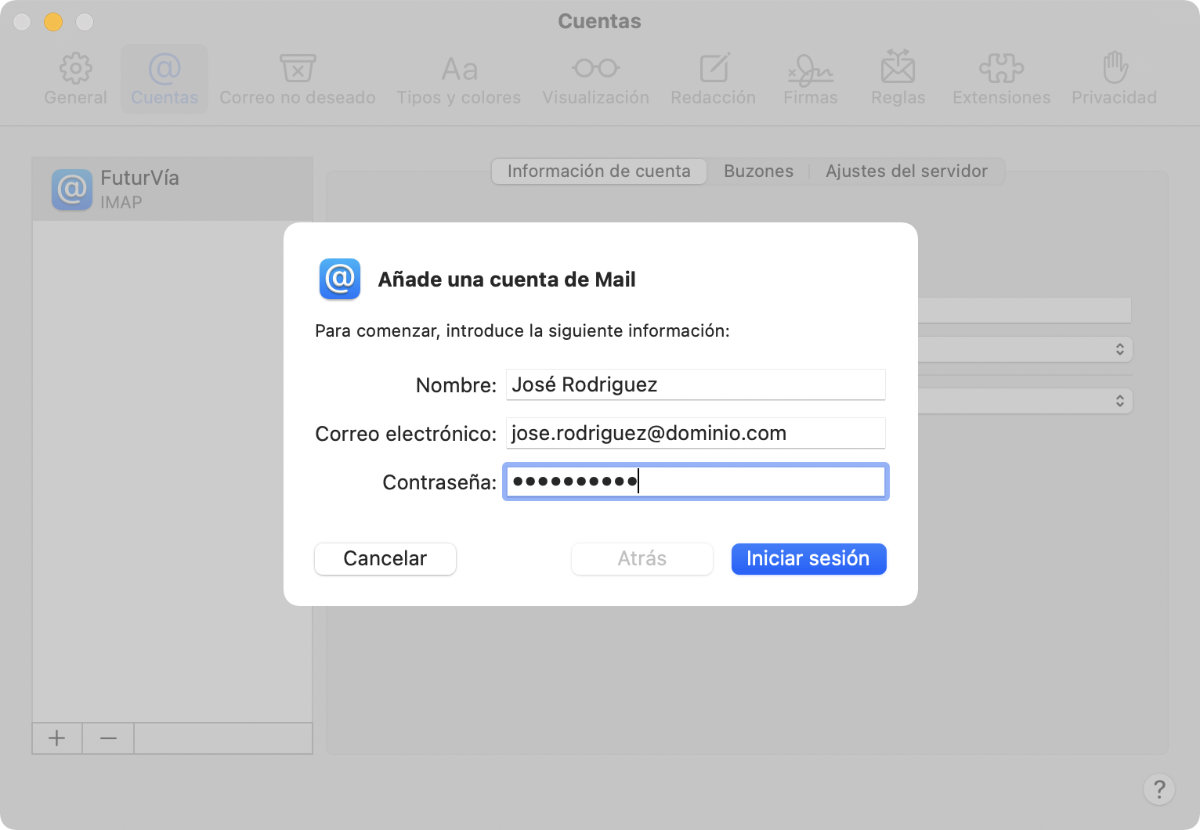 Datos básicos de la cuenta en Mail para macOS