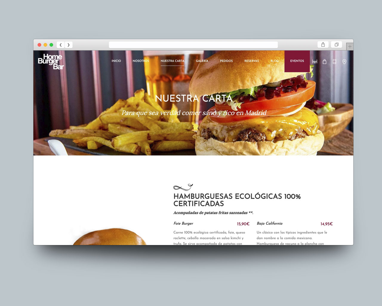 Visualización de la carta en la web de Home Burger Bar